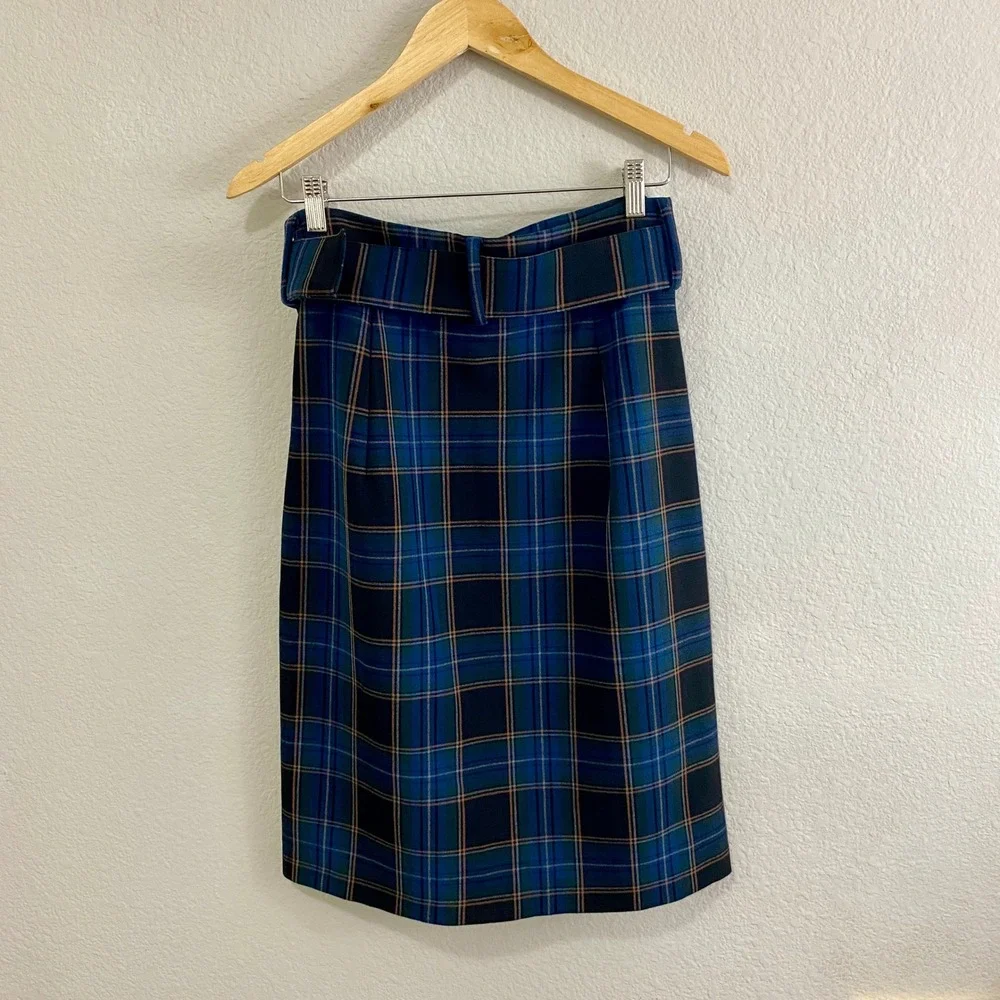 Anthropologie Maeve Plaid Belted‎ Button Front Skirt Sz 8 Blue Green Tartan Midi